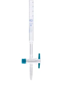 Büret - Düz - Şeffaf - Ptfe Musluklu - As Kalite - Grup Sertifikalı - Şelbah Çizgili - Mavi Skala - 50 mL